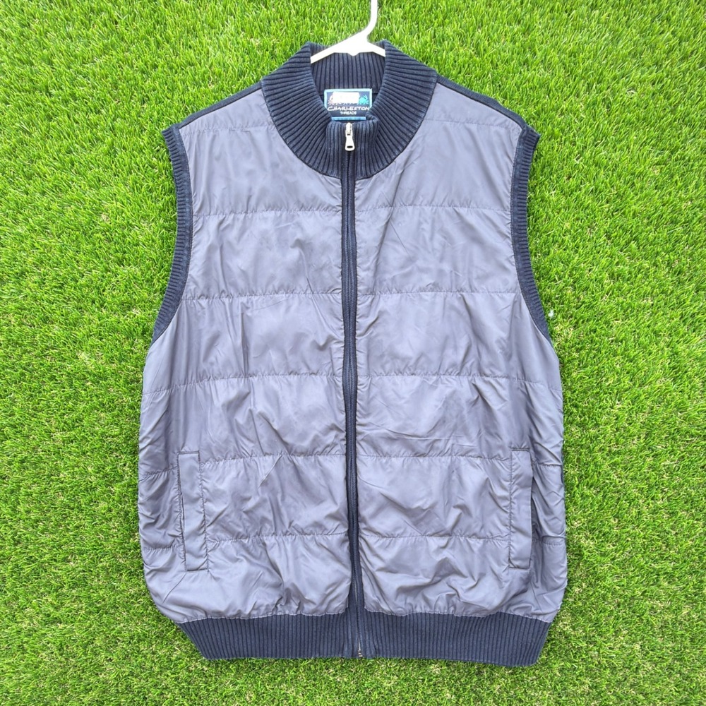 Charleston Threads Mens‎ Quilted Full Zip Vest Navy Ribbed Collar Hem Size XL